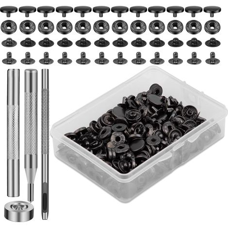 50 Sets Druckknöpfe, 10 mm Druckknopf-Set aus schwarzem Metall und Leder mit 4 Druckknopf-Installationswerkzeugen zum Nähen von Kleidung, Basteln (1/5)