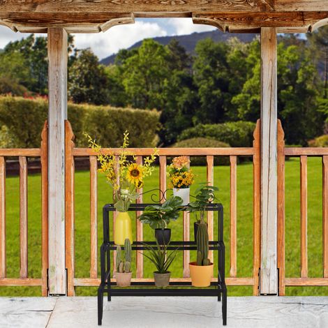 Relaxdays Blumentreppe Metall, 3 Stufen, Outdoor und Indoor, Pflanzentreppe mit Verzierung, HBT 69 x 70 x 60 cm, schwarz