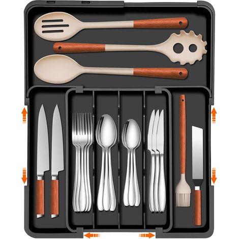 Expandable Cutlery Tray for Kitchen Drawer with 7 Compartments, Adjustable Organizer for Utensils and Cutlery, Black-X (1/5)