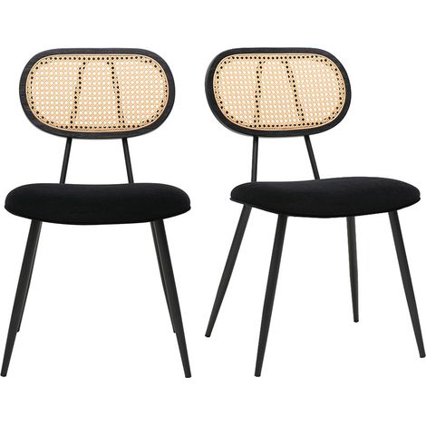 Sedie di design nere in velluto, metallo e rattan intrecciato (set di 2) SWANN