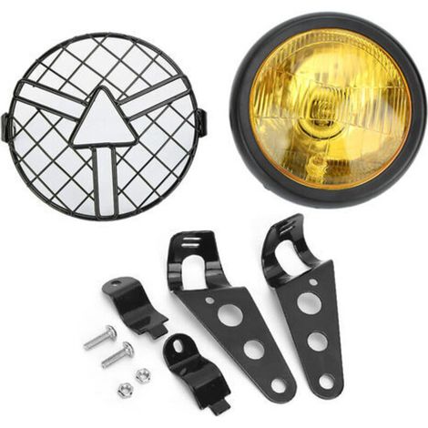 Phare de moto Universal 5.75inch 35W Lampe frontale grill rétro Lumière de devant avec support de couvercle de grill abat-jour(Jaune)
