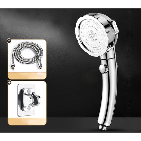 Cabezal de ducha de alta presión, cabezal de ducha de mano, 3 modos de ducha, con botón de parada, manguera antideflagrante de 1,5 m + soporte antiperforación (superficie brillante)