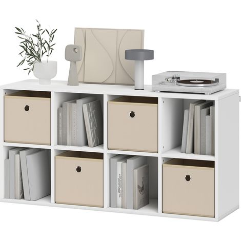 Étagère cubique à 8 compartiments avec 4 tiroirs en tissu, à poser à l'horizontale ou à la verticale, pour salon ou chambre, 105,9 x 30 x 53,7 cm, blanc et beige (1/5)