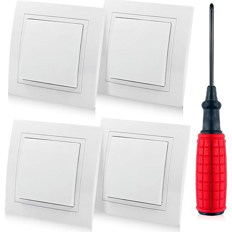 Lot de 4 interrupteurs marche/arrêt encastrés 10 A : 250 V Tout-en-un Interrupteur Visage en blanc, Interrupteur de lumière, Interrupteur de lumière encastré avec tournevis, Interrupteur (1/5)