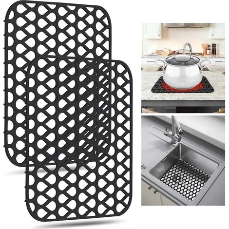 Lot de 2 protections d'évier en silicone 34,5 x 29 cm, antidérapantes, compatibles avec les éviers de ferme, en acier inoxydable et en porcelaine (noir) (1/5)