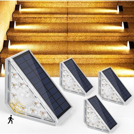Lumière D'escalier Solaire, 300LM LED Eclairage Solaire Escalier Exterieur avec Detecteur, IP67 Imperméable Lampes Solaires Exterieur pour Escaliers Jardin Patio Garage Marche, 4pcs [Classe énergétiqu (1/5)