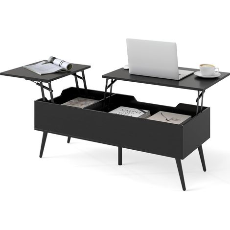 COSTWAY Tavolino da Caffè con Piano Sollevabile, Tavolino Moderno con 2 Scomparti Nascosti e Gambe in Metallo, Tavolo per Soggiorno, Studio e Ufficio, 111 x 48 x 40-53,5 cm (Nero)