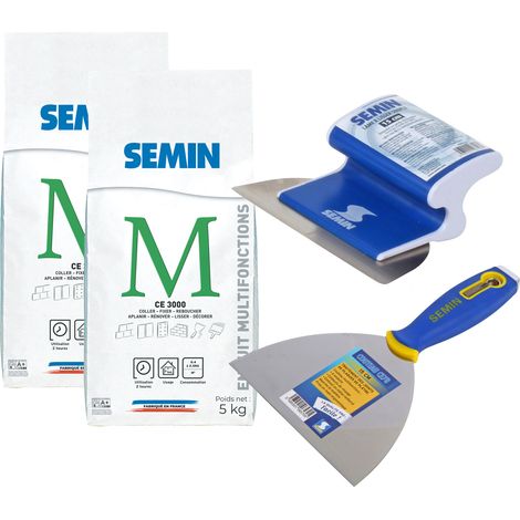 Lot de 2 enduits multifonctions CE 3000 Semin pour coller, fixer, reboucher, aplanir et lisser - intérieur - sac de 5 kg, un couteau à anduire - 15 cm et lame pour enduire et lisser - 15 cm (1/5)