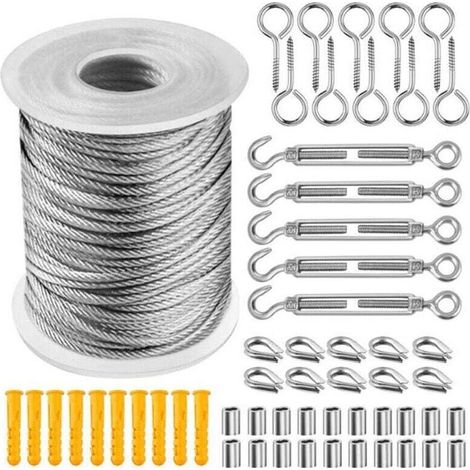 Câble d’acier inoxydable 50 m pour palissage de plantes grimpantes ou garde-corps d’escalier – kit complet avec fixations (1/5)