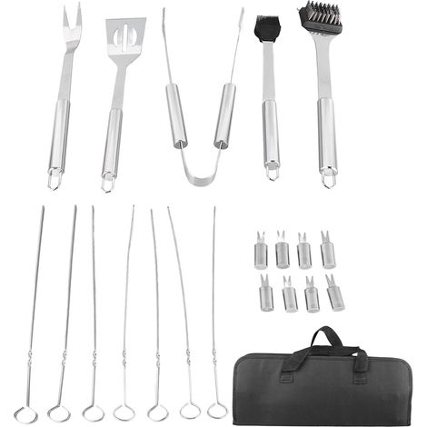Ensemble de 20 pièces pour barbecue professionnel en acier inoxydable - Pinces, spatule, fourchette et brosse pour camping et voyage (1/5)