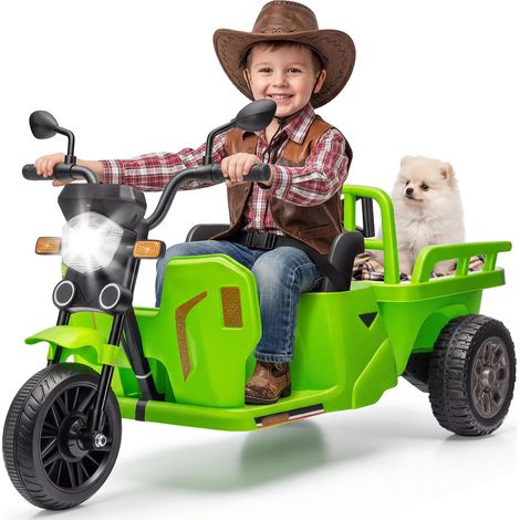 Tracteur électrique enfant 12V type Tuk-Tuk 3 roues - Remorque + benne/pelle - Musique, Sans fil, LED, klaxon, marche AV/AR - Dès 3 ans - Vert gazon (1/5)