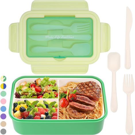 Lunch Box, Boîte à Déjeuner en Plastique pour Enfant Adulte, Boîte à Repas avec Trois Compartiments et Couverts(Fourchette et Cuillère) (rose) (1/5)
