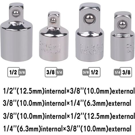 adaptadores de trinquete, adaptadores de vasos de 1/2 a 3/8, de 3/8 a 1/2, de 1/4 a 3/8 y de 3/8 a 1/4, reductores de vasos para vasos y puntas.