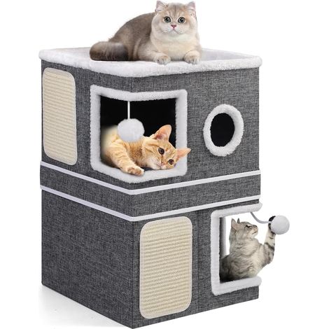 1 - Maison Pour Chat - Griffoir - Structure 3 Niveaux Pliable Avec 2 Grottes Et Balles Suspendues Pour Jeu Et Repos Intérieur Gris 60x40x75cm (1/5)