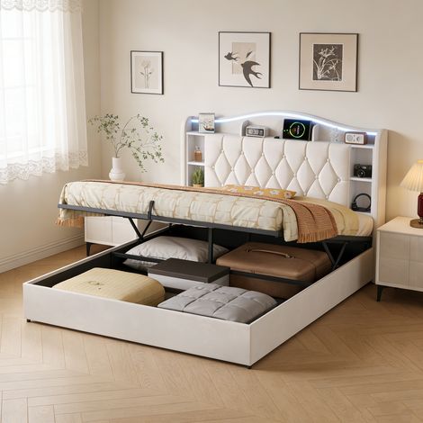 Lit Coffre 140x190cm,2 USB et Recharge Sans Fil ,Tête de Lit LED avec Rangement,Cadre de Lit Adulte Adolescent ,Sommier à Lattes,Velours,Beige (1/5)