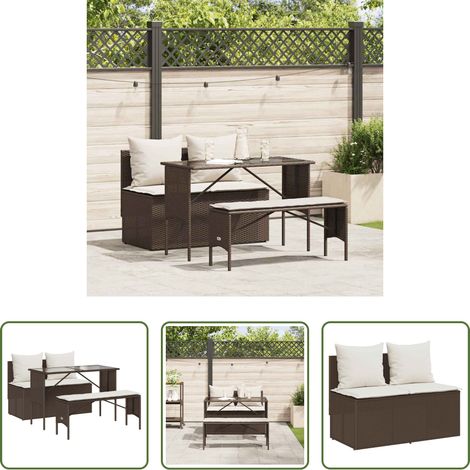 Gartenessgruppe - 3-tlg. Garten-Essgruppe mit Kissen Braun Poly Rattan (1/5)