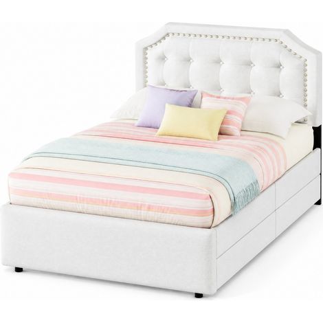 Cama 90x200 cm tapizada en tela, con estructura de MDF, cabecero regulable en 3 alturas, dos cajones y detalles decorativos en metal cobre, beige claro ideal para dormitorio elegante  CHICFURN (1/5)
