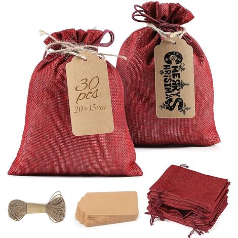 30 Pièces 20x15cm Sachets de Toile de Jute Rouge, Réutilisable Petit Sac Tissu avec Cordon de Serrage, avec 35pcs Étiquettes et 10m Corde en Chanvre, pour Mariage Bonbons Bijoux Noël (1/5)