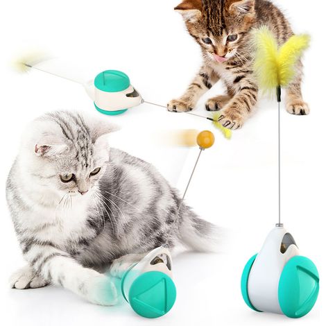 Jouet interactif bleu et blanc pour chats d'intérieur : rouleau avec balle à plumes et herbe à chat, jouet d'équilibre et de poursuite pour chatons, puzzle d'exercice.