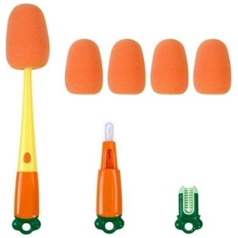 3 en 1 Nettoyage Biberon Brosse, Brosse à Bouteille, Brosse a Biberon avec 4 têtes d'éponge de Remplacement, sans Rayures, Orange (1/4)