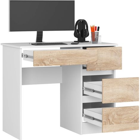 Akord – Bureau droit 90 cm – 4 tiroirs – Façade chêne sonoma – Panneau stratifié – Dimensions 90x50x77 cm – Pour espace de travail moderne