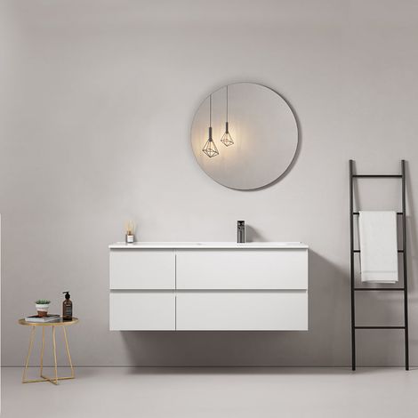 Mobile bagno sospeso 120 cm Bianco Lavabo a Destra in Ceramica Specchio Tondo - Fiji Paint (1/5)