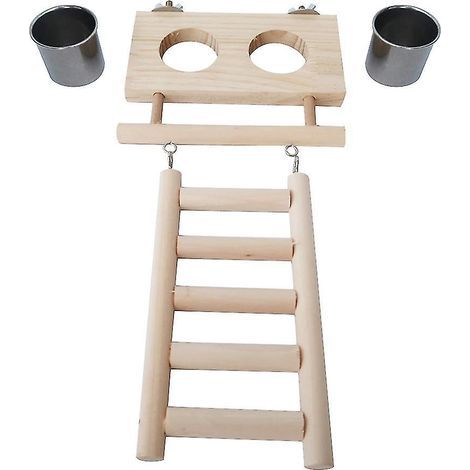 Gamelles pour perroquets (2 pièces) en acier inoxydable avec plateforme et échelle en bois (1/4)