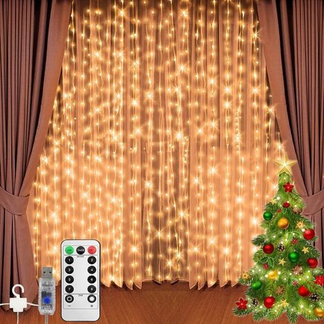 Tenda luminosa a LED 3x3 m, 300 LED bianco caldo, telecomando, 8 modalità, timer, dimmerabile, ideale per feste e decorazioni per il soggiorno. (1/5)