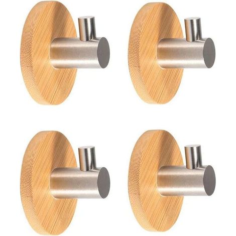 Crochets autocollants, inox 304 et bambou 4 pièces crochets porte-serviettes crochets peignoir crochets crochets muraux, sans perçage pour accrocher pour cuisine et salle de bain (2.3 KG Max)