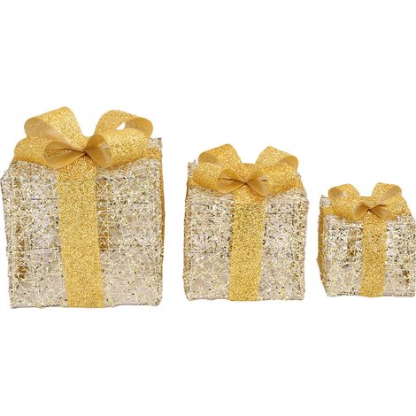 Ensemble de 3 boîtes cadeaux lumineuses de Noël en fer, avec jupe de sapin, pour décorations de Noël à la maison et aux fêtes. Couleur or. (1/5)
