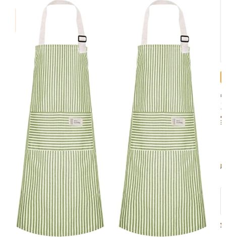 Tabliers de cuisine ajustables en lin et coton (2 pièces), pour barbecue, jardin et repas (vert). (1/3)