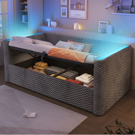 Sofá cama 90/200 cm gris de terciopelo y MDF con almacenaje hidráulico y LED (1/5)