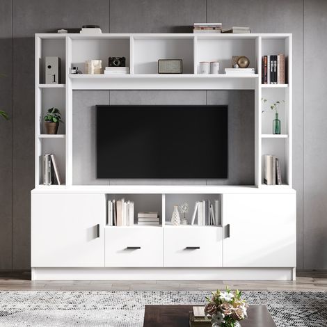 Meuble TV mural avec vitrine et bibliothèque-11 rangements-2 portes-2 tiroirs-180x35x170cm (1/5)