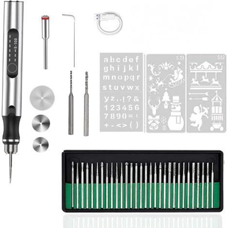 Stylo graveur électrique, 3 vitesses réglables, outil de gravure sans fil rechargeable, ensemble de 42 pièces (argent)