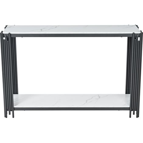 Table console moderne avec 2 étagères effet marbre blanc et structure métal noire H80 x L123,5 x P33,5 cm (1/5)