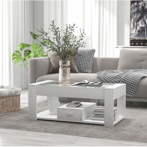 Couchtisch mit Platte aus gehärtetem Glas, Stauraum und 2 Schubladen, Weiß HAVRYA (1/5)
