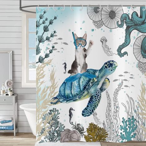 Rideau de Douche Drôle 180x180, Chat Mignon Chevauchant Une Tortue de Mer - Bain Océan Paysage Sous-Marin Récif Corallien Animaux Marins - Pour Enfants, Tissu Étanche Lavable (1/5)