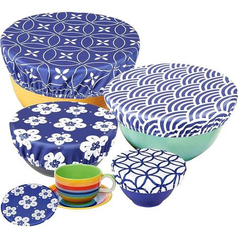 Couvercles de Bol, Couvercles en Tissu Imperméables pour Le Bol à Salade en Verre, Le Pot, Les Melons (Fit 2.7-14 Pouces), la Bordure Élastique (Fleur Bleue) (1/5)