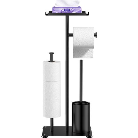 1 Porte papier toilette sur pied, Acier inoxydable, Noir, Support rouleaux multiples, Avec brosse WC, Pour salle de bain (1/5)