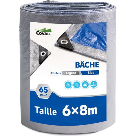 Bâche de Protection Imperméable Exterieur 65g/m² Argent/Bleu légères 6x8m étanche Trous soudés aux Moisissures Multi usages UV pour Voiture Camion RV Maison Tente Bateau Piscine (1/5)