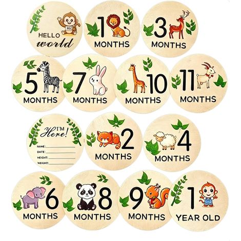 Lot de 7 carte etape bebe bois carte mois bebe rondes recto-verso de 9,9 cm (3,9 po) avec panneau « Bonjour le monde » pour séance photo bébé - Cadeau de naissance pour nouveau-né (Thème animaux) (1/5)