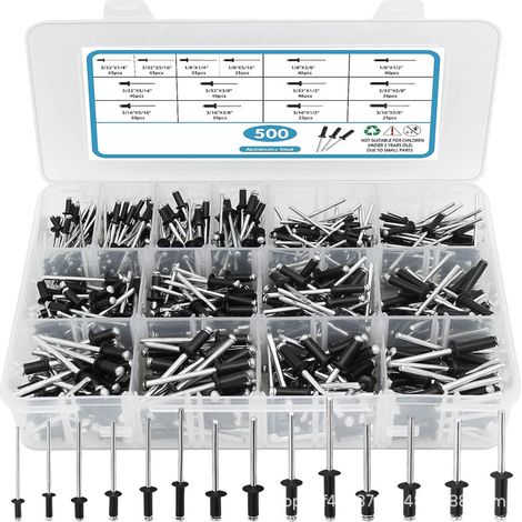 500-teiliges Popnieten-Sortiment in Schwarz, 14 Aluminium-Nietgrößen (3/32", 1/8", 5/32", 3/16"), Blindnieten-Set für Metall mit verstärktem Trennsteg und beschriftetem Koffer