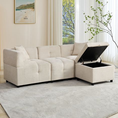 Canapé 3 places, avec rangement, canapé d'angle en L avec repose-pieds amovible et 2 coussins, convient pour le salon, le bureau, etc. Beige