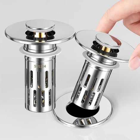 Colador de fregadero nuevo y mejorado, tapón de repuesto abatible, resistente a olores e insectos, colador de fregadero de cocina con cesta extraíble de acero inoxidable y atrapapelos (paquete de 2)