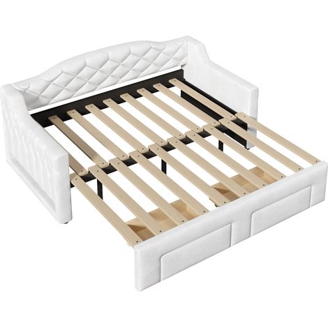 Cama de día capitoné extensible 90x200 a 180x200 cm con 2 cajones y LED, blanca (1/5)