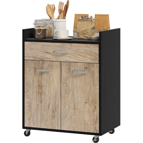 Rollbarer Küchenwagen mit Schublade, 2-türigem Schrank, grauem Regal in Holzoptik, schwarz (1/5)
