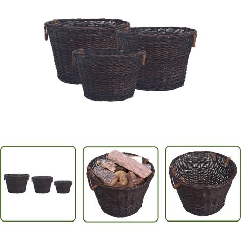 The Living Store Jeu 3 paniers empilables à bois de chauffage Marron foncé Saule - Panier À Bois - Panier À Bûches - Rangement Cheminée - Accessoires Cheminée - Décoration Campagne (1/5)