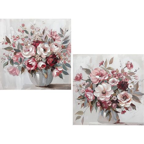 Tableau sur toile avec vase et fleurs peint à la main en blanc, roses et vert 60 x 3 x 60 cm