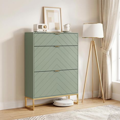 UEV Armoire à Chaussure Inclinable, Meuble à Chaussures,
3 Compartiments (2 Rangements Chaussure+1 Étagère Caché), Étagère Réglable à 2 Positions, Motif en Ligne, 80x24x122cm, Vert