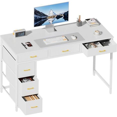 EcoFurnix Bureau gaming 6 fabric drawers 120 x 50 cm – Space-saving computer table for office, bedroom or living room – White